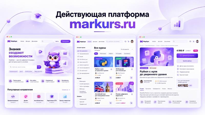 Презентационные  экраны платформы: главная страница, каталог и карточка курса. Из материалов команды