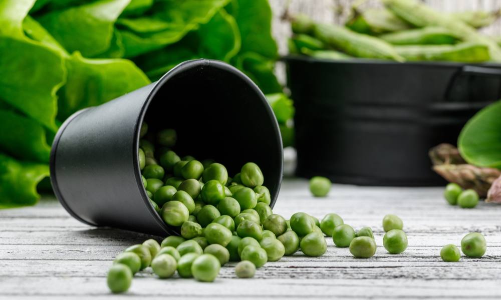 scattered-peas-from-bucket-with-asparagus-bok-choy-lettuce-green-pods-side-view-wooden-wall